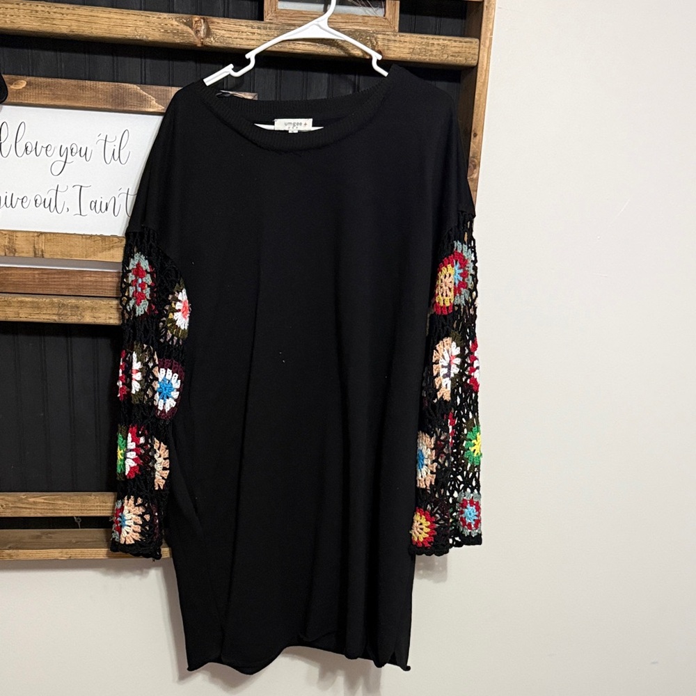 Black Sweater with Colorful Crochet Sleeves